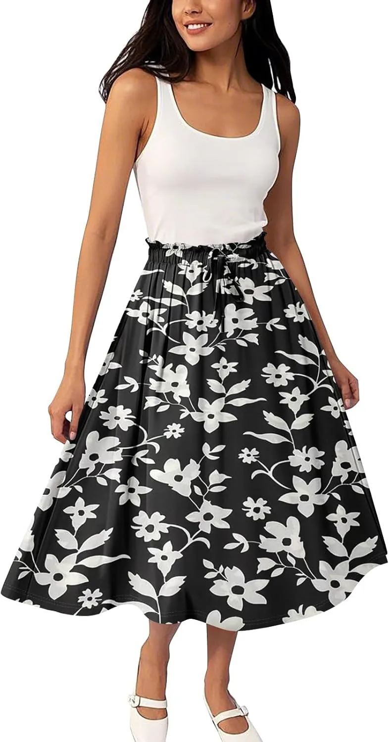 ADHOWBEW Long Skirts for Women 2025 Cotton Elastic Waist Floral Print Beach Casual Flowy Trendy Skirts