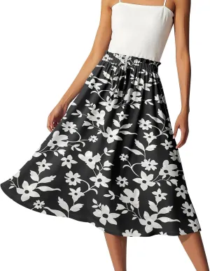 ADHOWBEW Long Skirts for Women 2025 Cotton Elastic Waist Floral Print Beach Casual Flowy Trendy Skirts