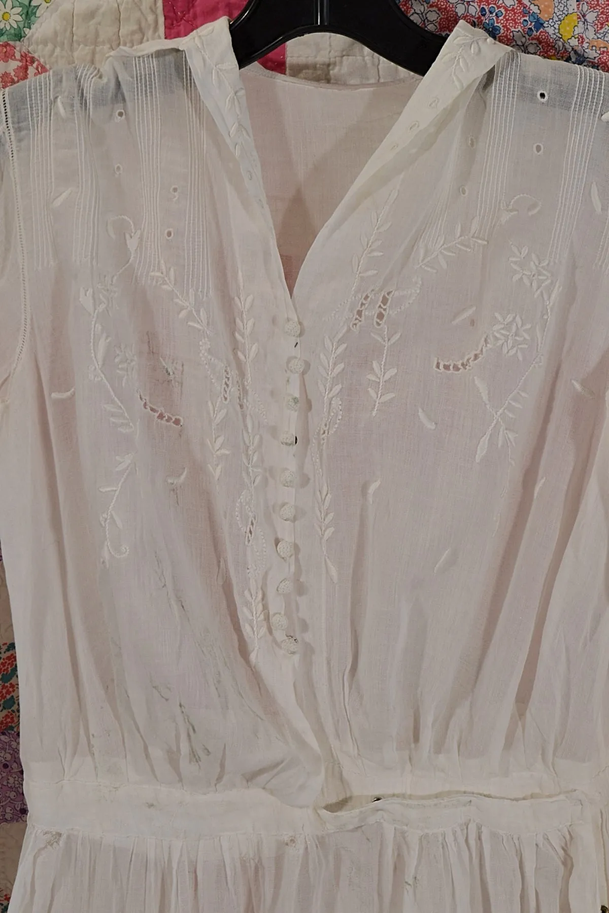 Antique Edwardian Lawn Dress, Embroidered Details, Not Perfect