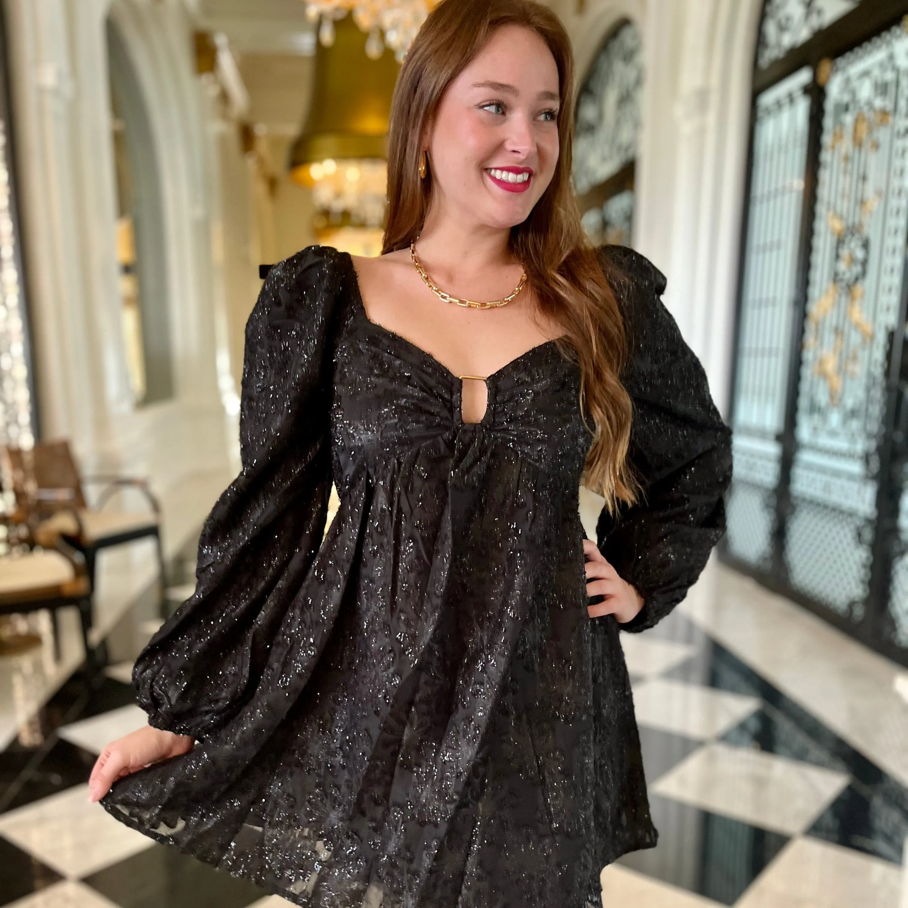 Black Textured Chiffon Babydoll Dress