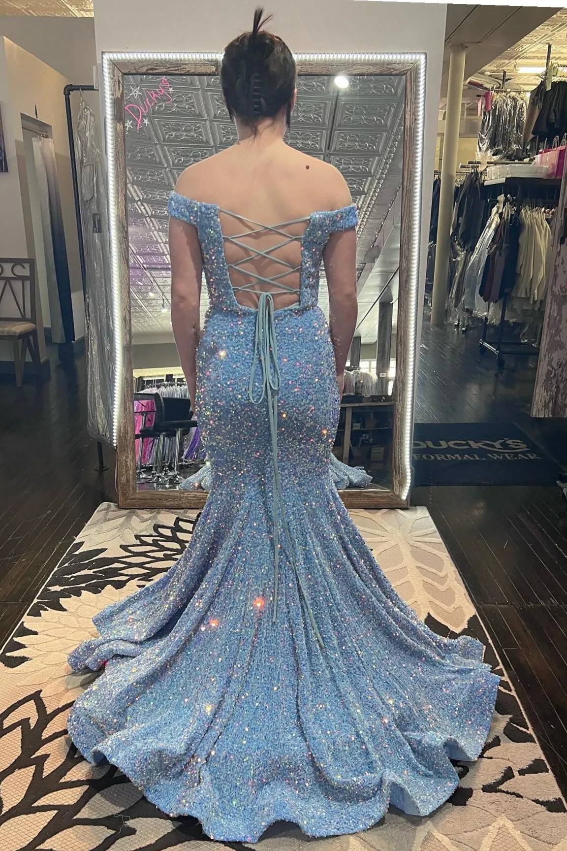 Blue Iridescent Sequin Off-the-Shoulder Trumpet Prom Dress