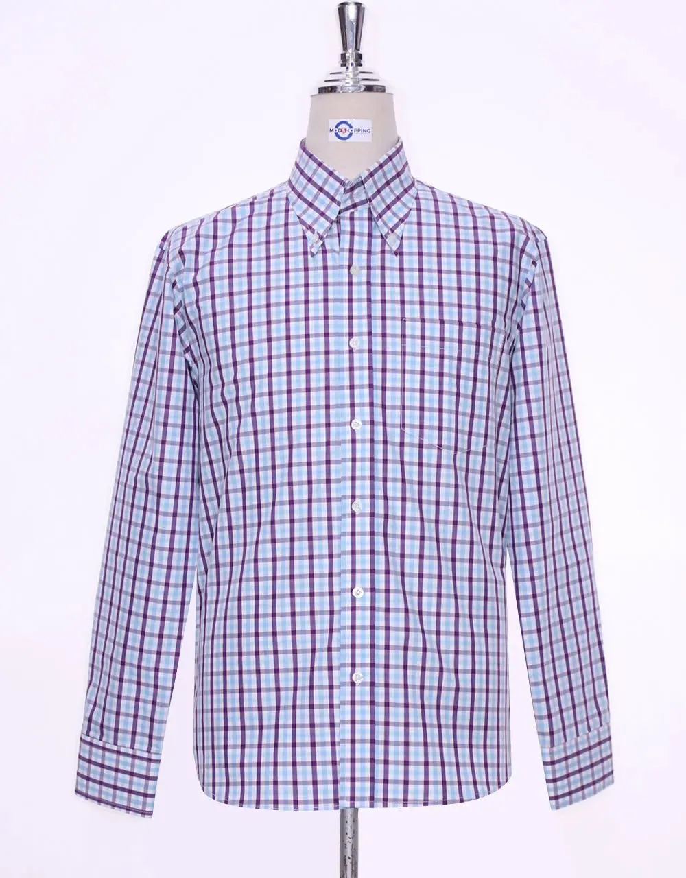 Button Down Shirt - Purple And Light Sky Windowpane Check Shirt