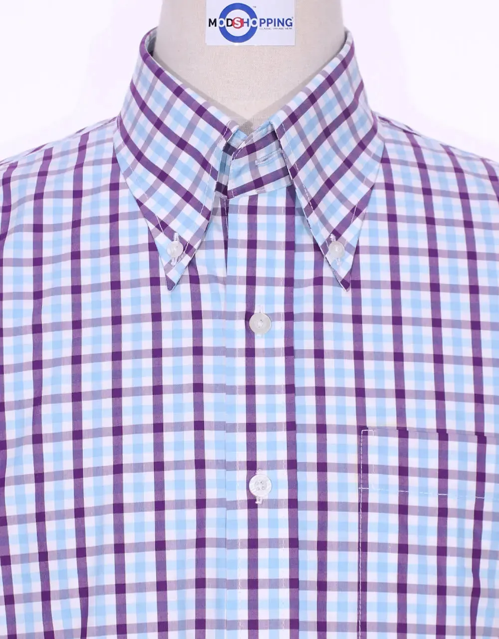 Button Down Shirt - Purple And Light Sky Windowpane Check Shirt