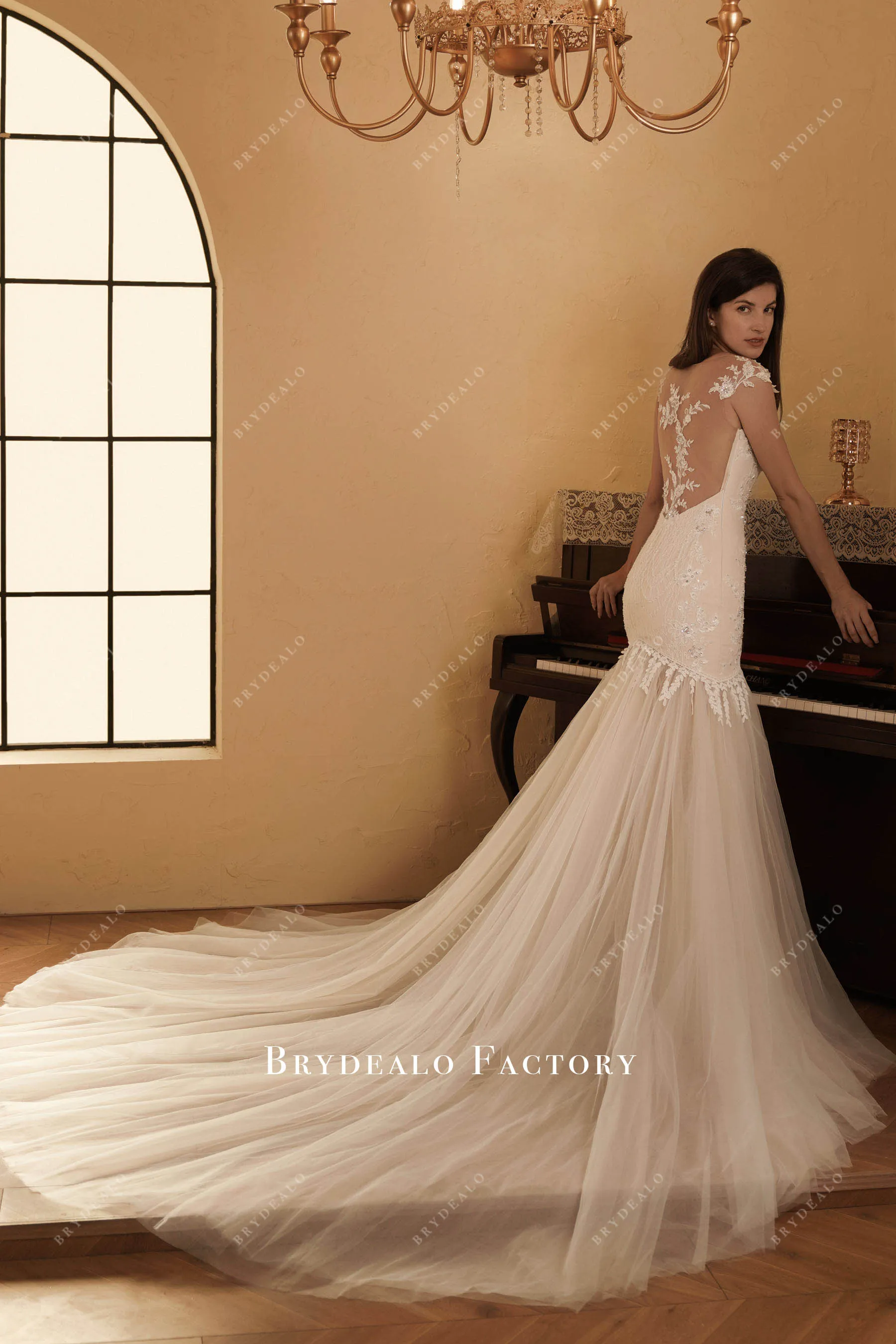 Champagne Illusion Back Beaded Lace Mermaid Wedding Dress