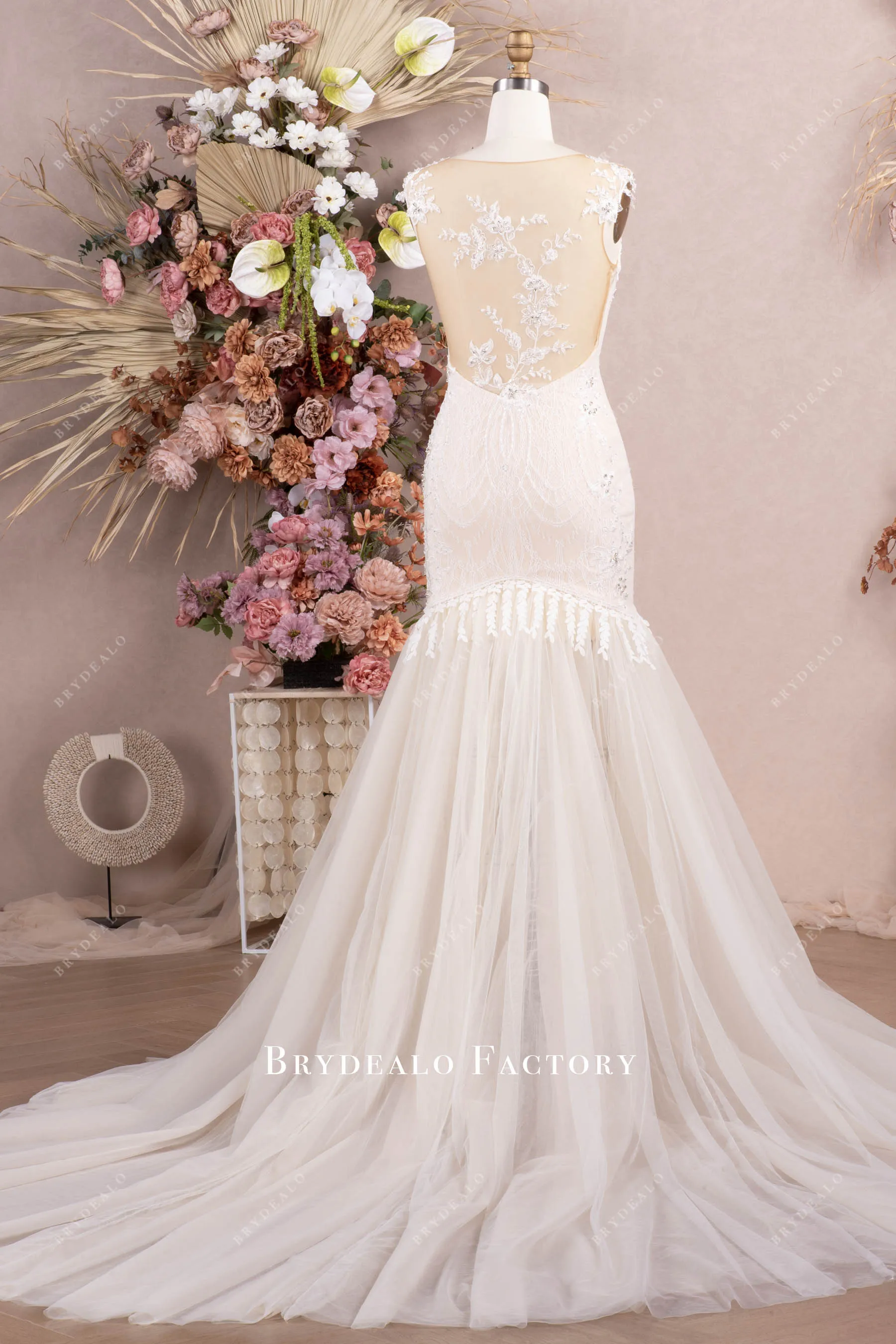 Champagne Illusion Back Beaded Lace Mermaid Wedding Dress