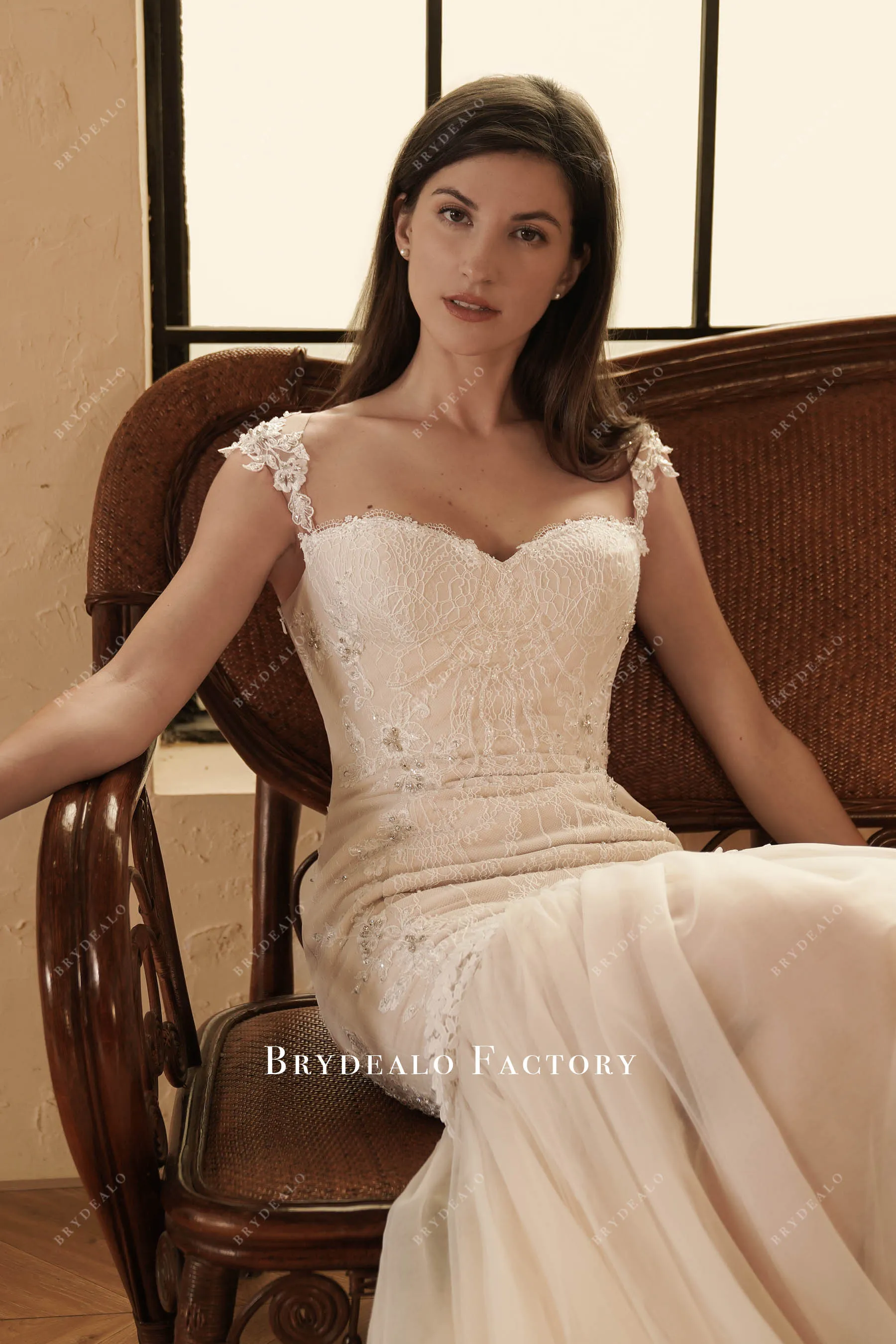 Champagne Illusion Back Beaded Lace Mermaid Wedding Dress