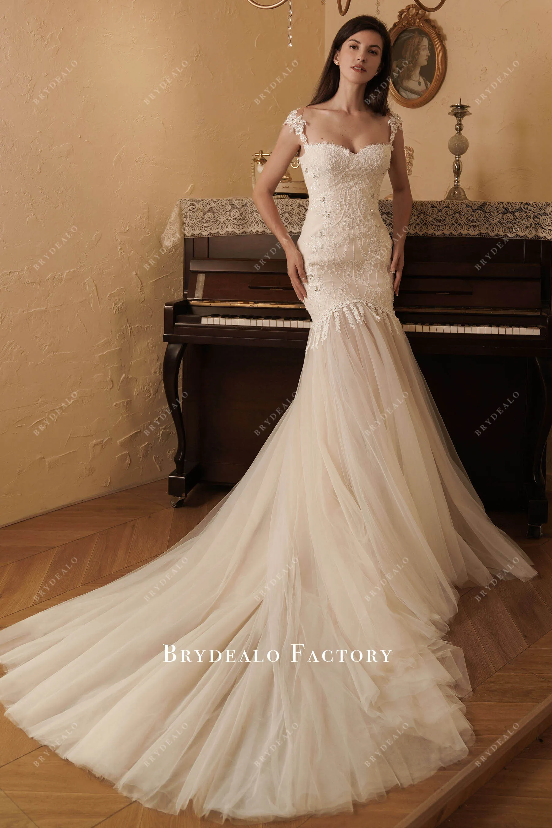 Champagne Illusion Back Beaded Lace Mermaid Wedding Dress