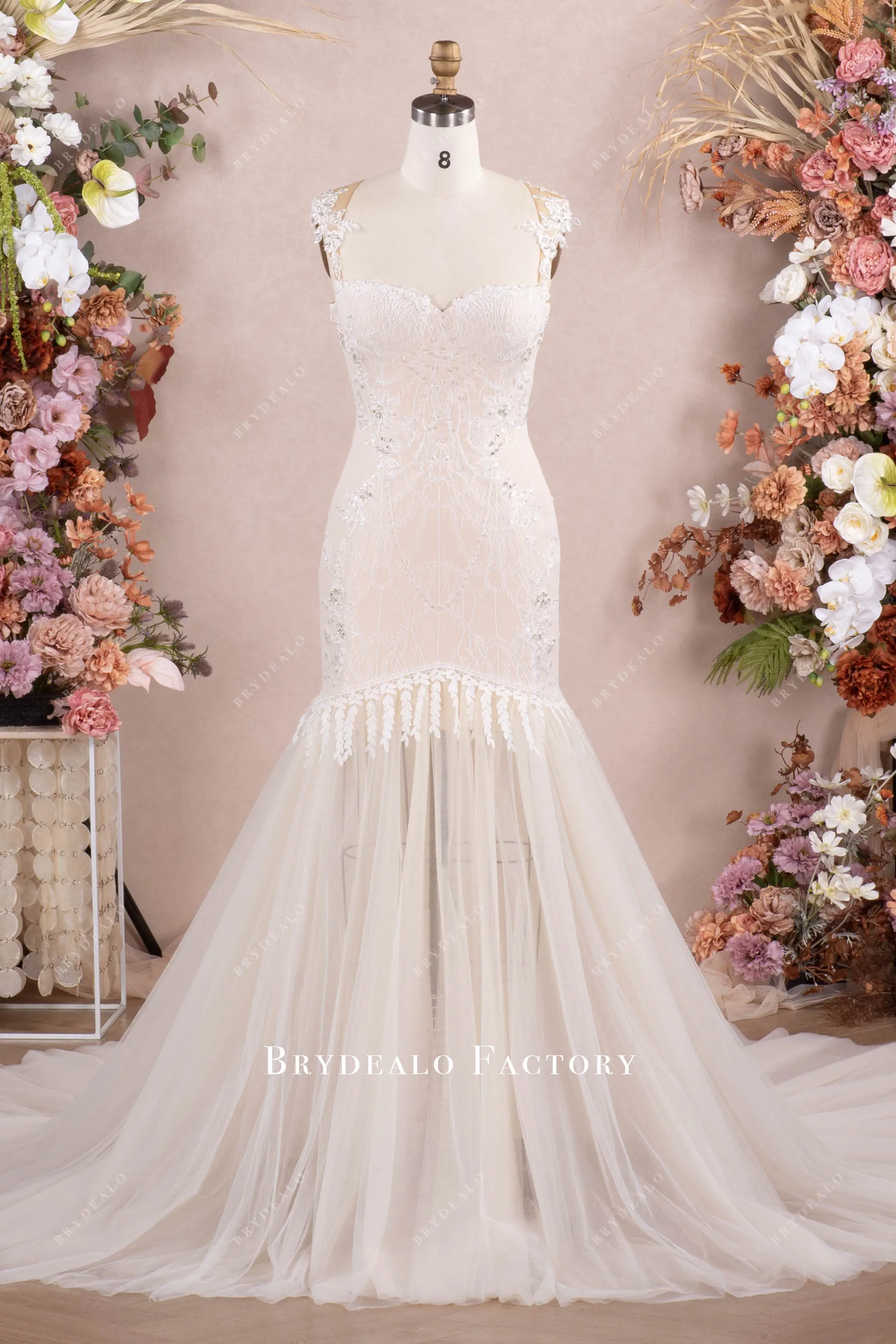 Champagne Illusion Back Beaded Lace Mermaid Wedding Dress