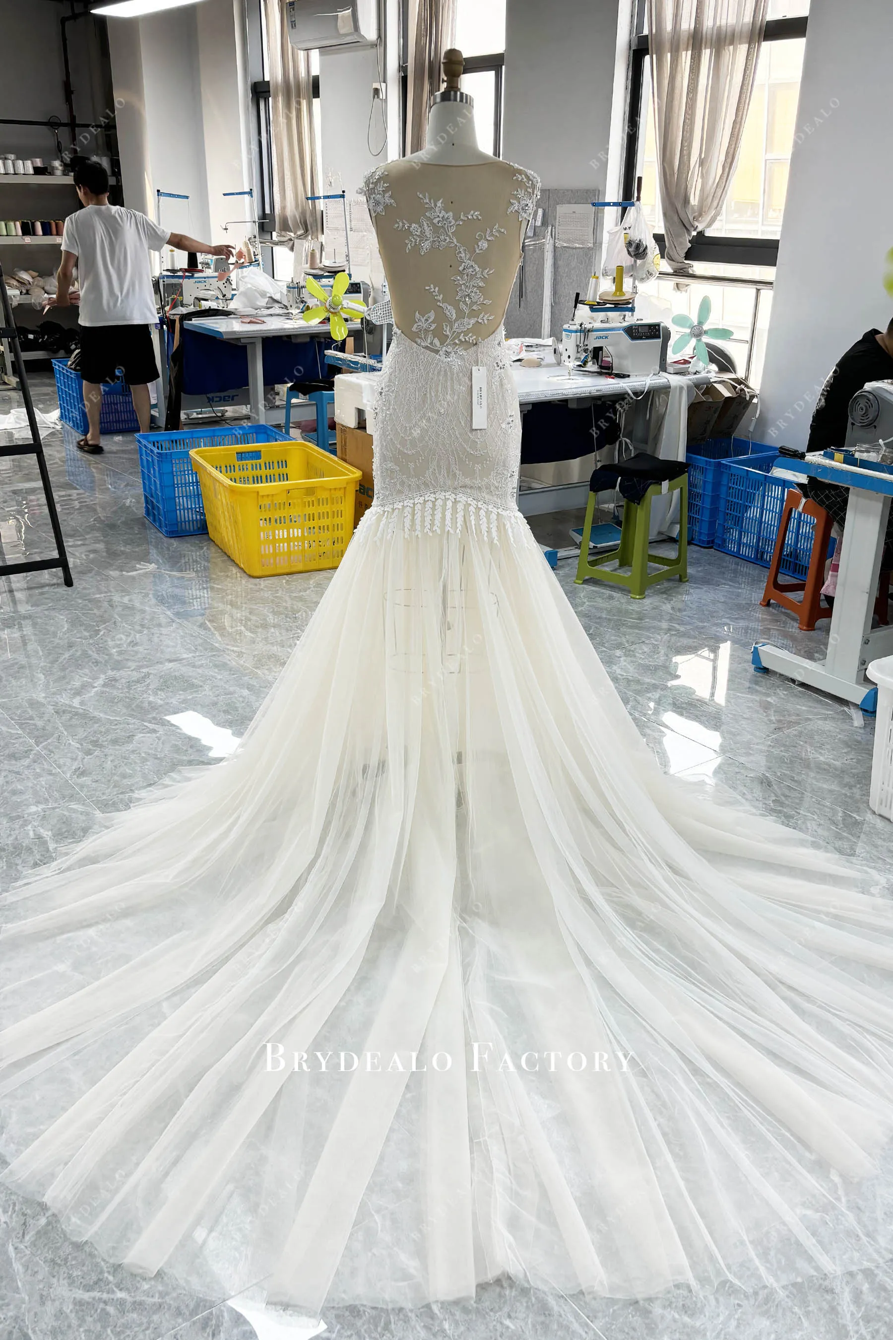 Champagne Illusion Back Beaded Lace Mermaid Wedding Dress