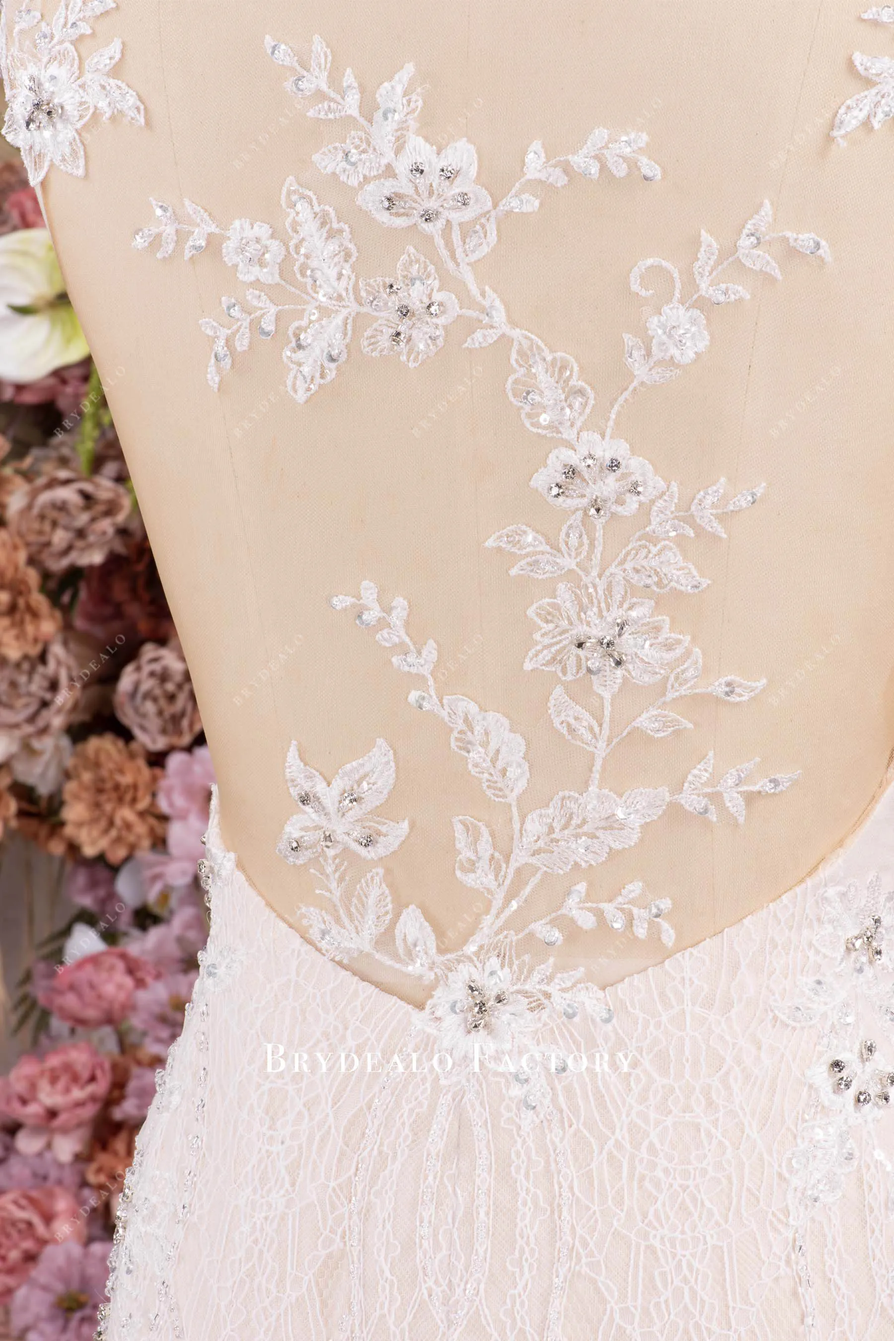 Champagne Illusion Back Beaded Lace Mermaid Wedding Dress