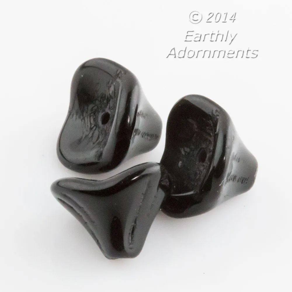 Czech 3-petal trumpet flower glass bead 10x12mm in jet. Package of 6.  B11-bw-2066