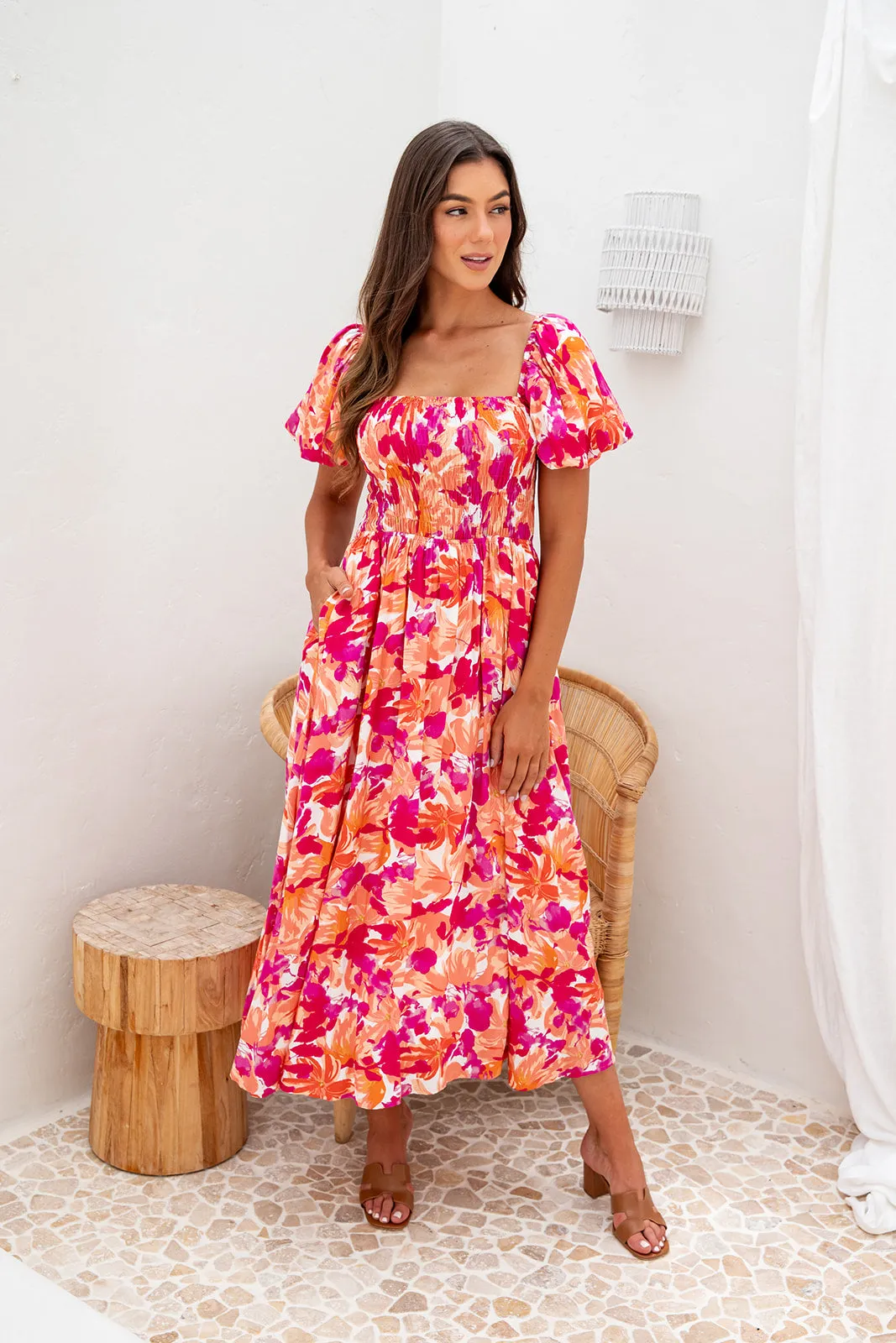 Essence Midi Dress -Pink Floral