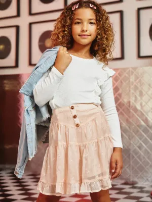 Girls Ruffled Drop Shoulder Marled Ribbed Knit Top