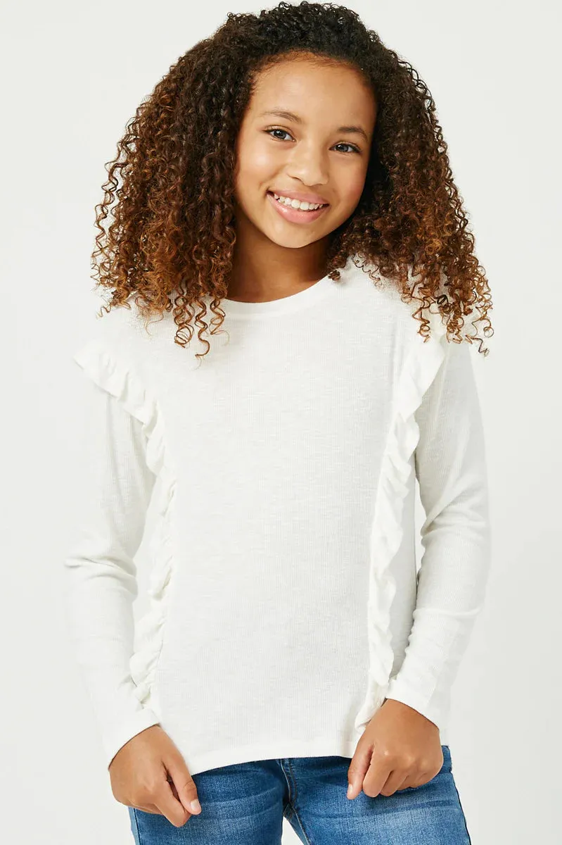 Girls Ruffled Drop Shoulder Marled Ribbed Knit Top