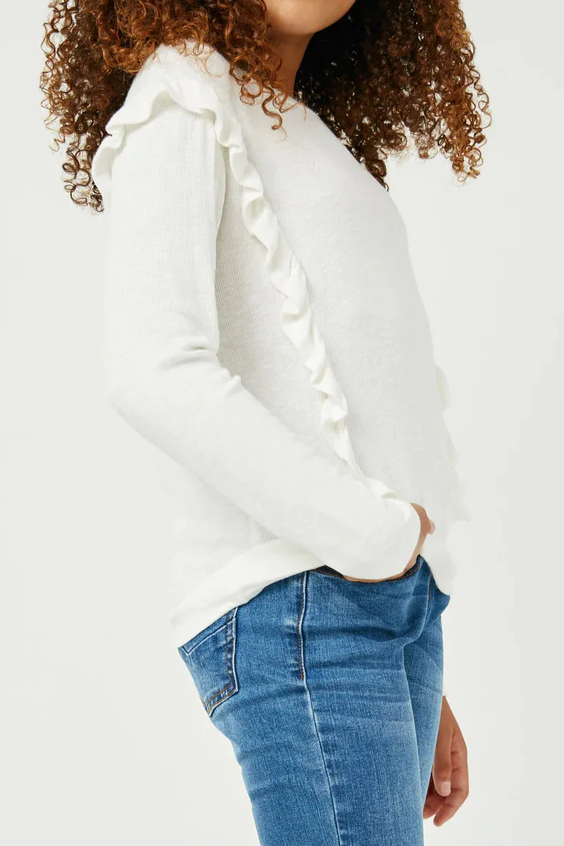 Girls Ruffled Drop Shoulder Marled Ribbed Knit Top