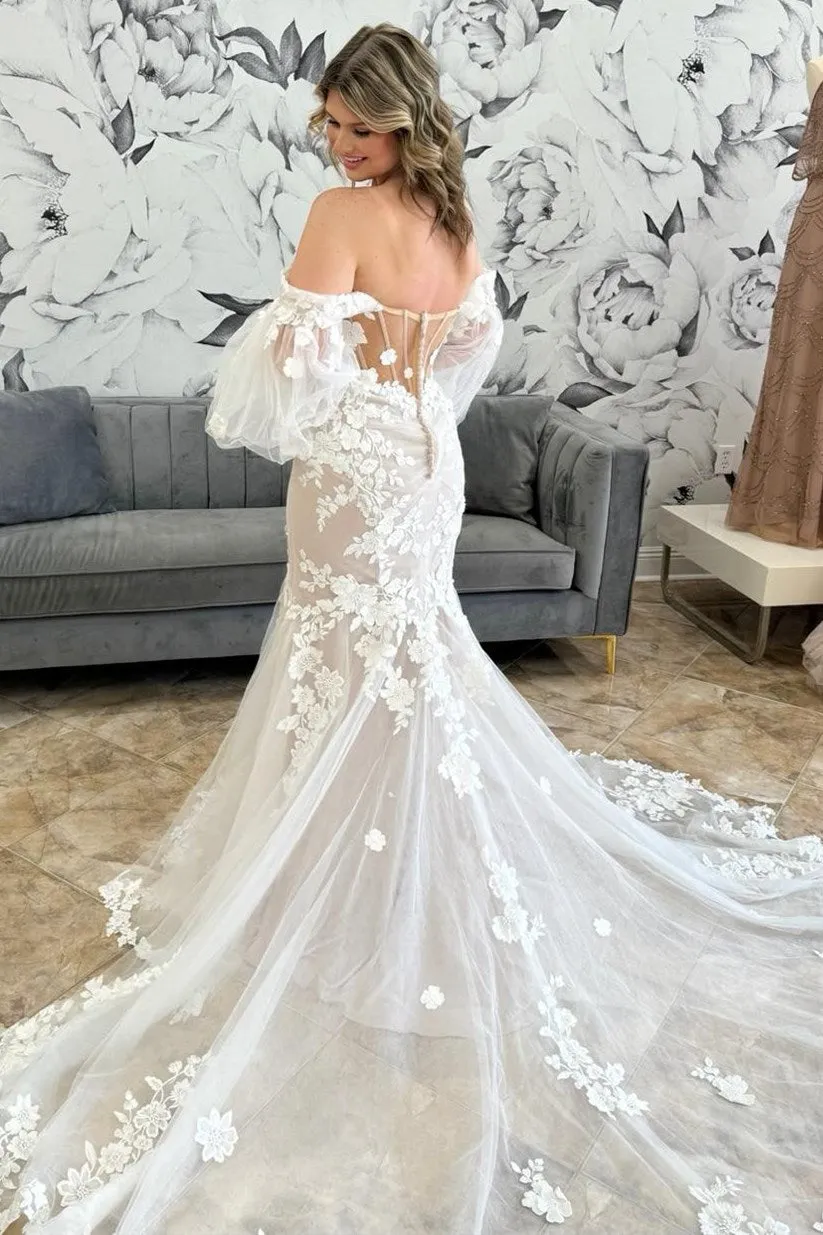 Ivory Off-the-Shoulder Trumpet Wedding Dress with Balloon Sleeves