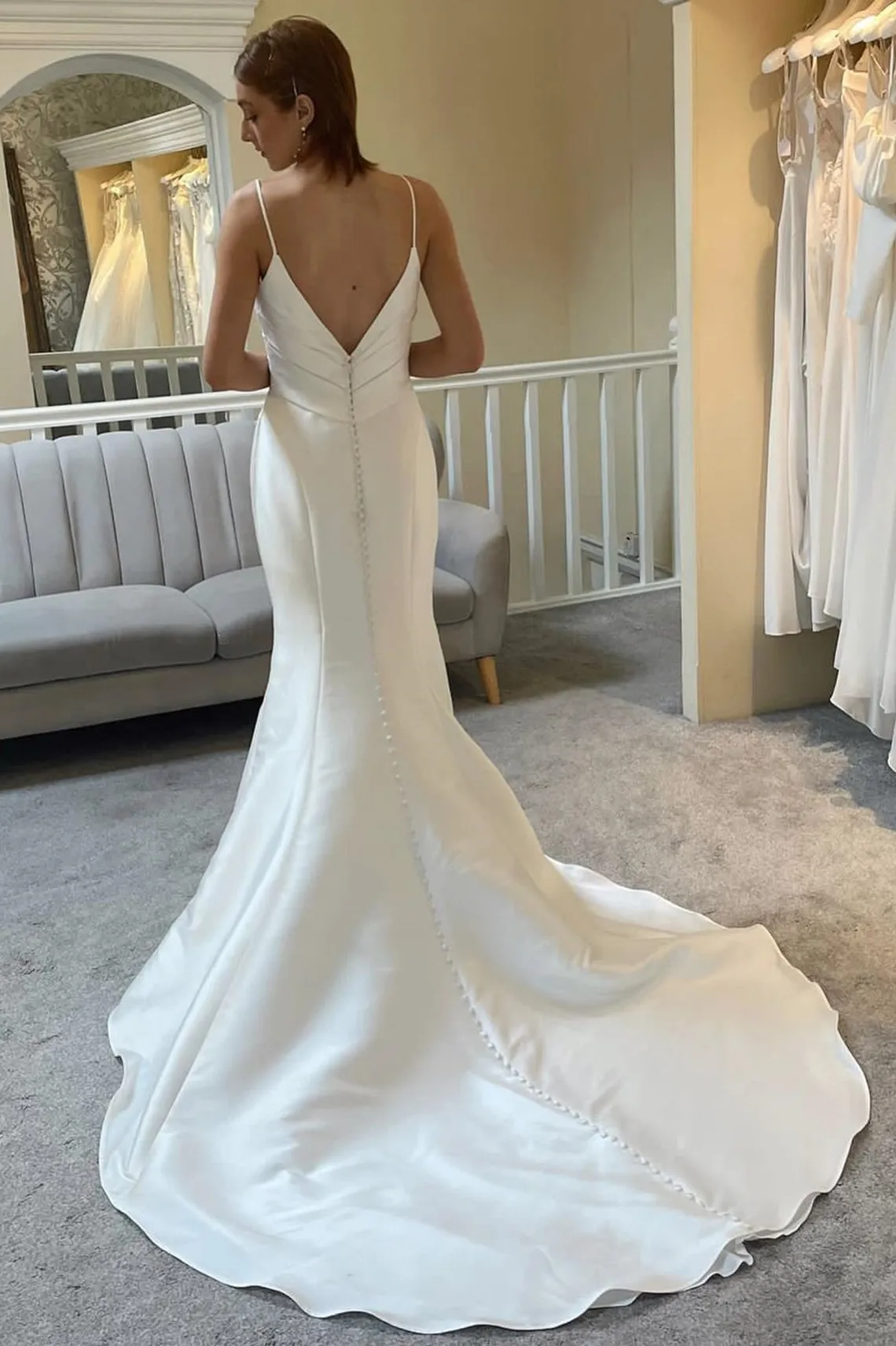 Ivory Spaghetti Strap Backless Trumpet Long Wedding Dress