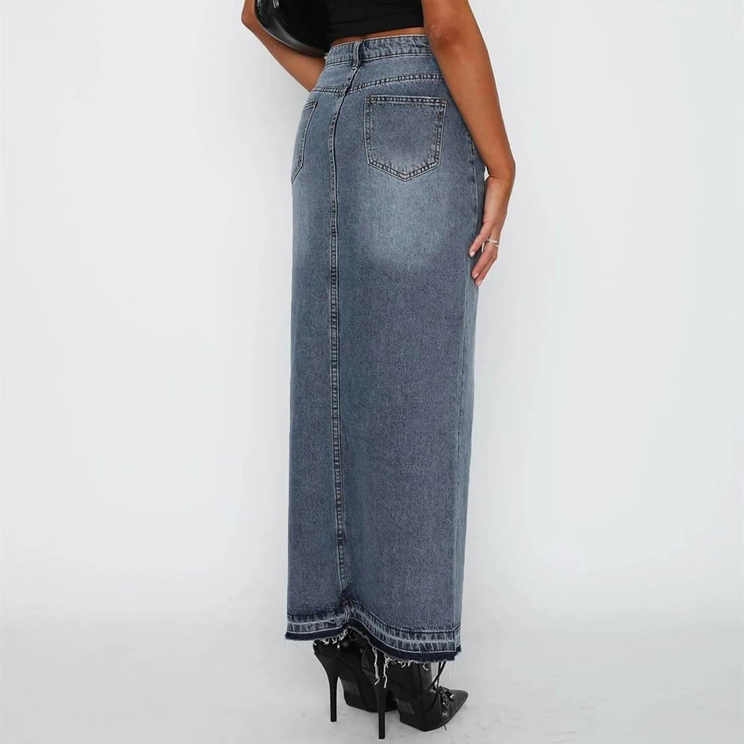 Ladies Casual High Waist Denim Maxi Skirt Slit Front Asymmetric Trim Long Denim Skirt Streetwear Mid Length Skirt