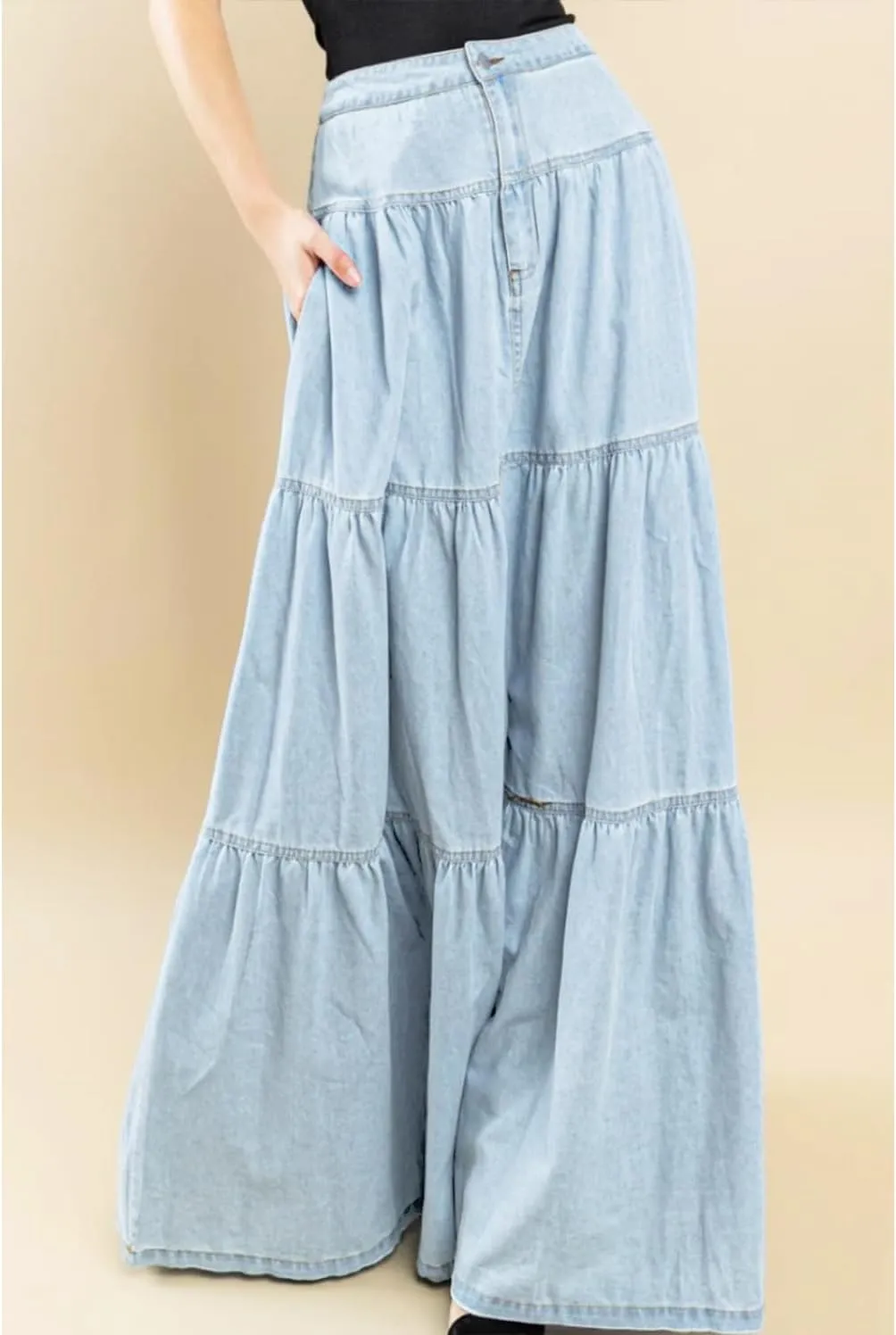 Mxiqqpltky Womens Maxi Denim Tiered Skirt Casual High Waisted Ruffle A Line Swing Jean Skirt Y2K Loose Pleated Flare Skirts