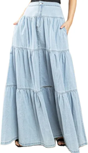 Mxiqqpltky Womens Maxi Denim Tiered Skirt Casual High Waisted Ruffle A Line Swing Jean Skirt Y2K Loose Pleated Flare Skirts