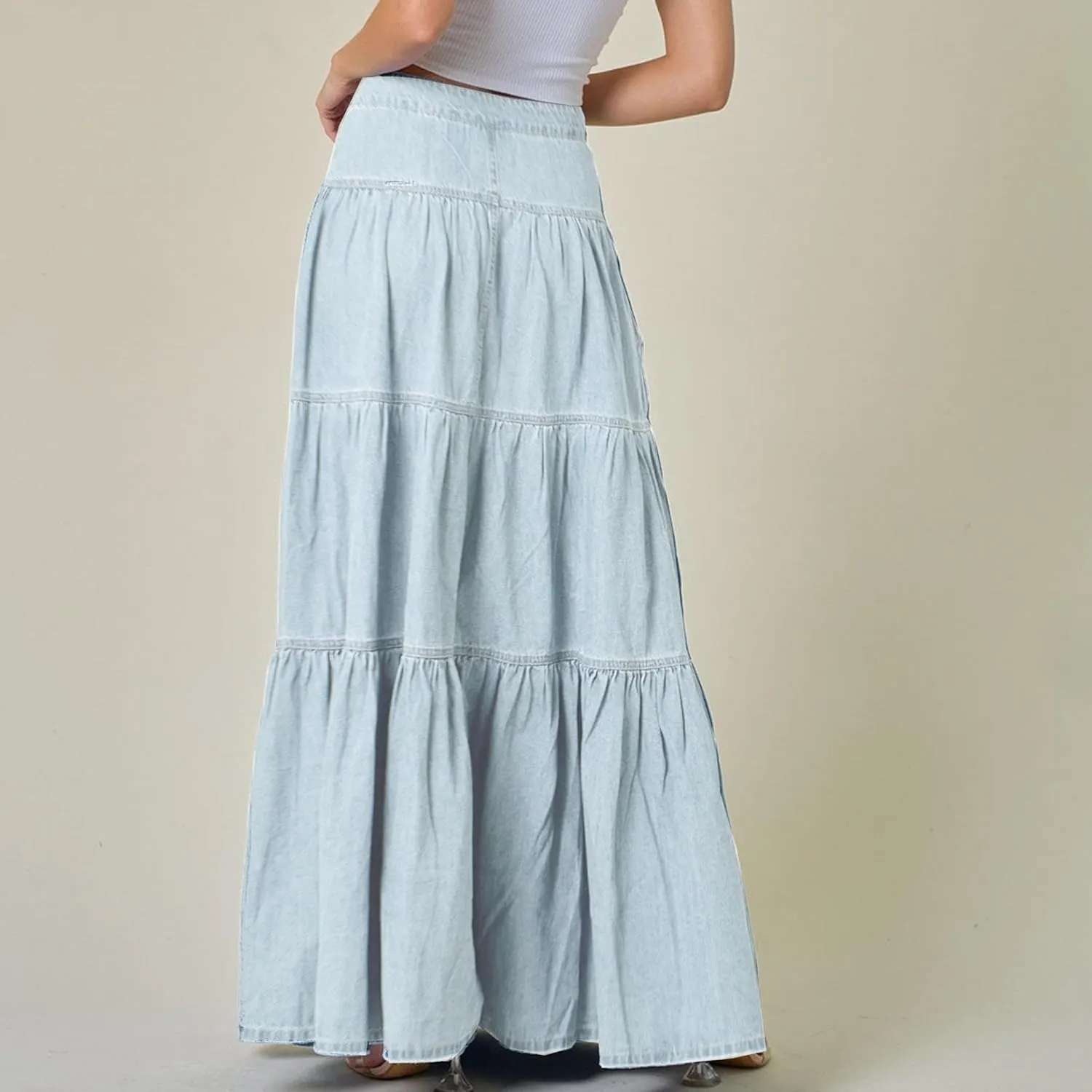 Mxiqqpltky Womens Maxi Denim Tiered Skirt Casual High Waisted Ruffle A Line Swing Jean Skirt Y2K Loose Pleated Flare Skirts