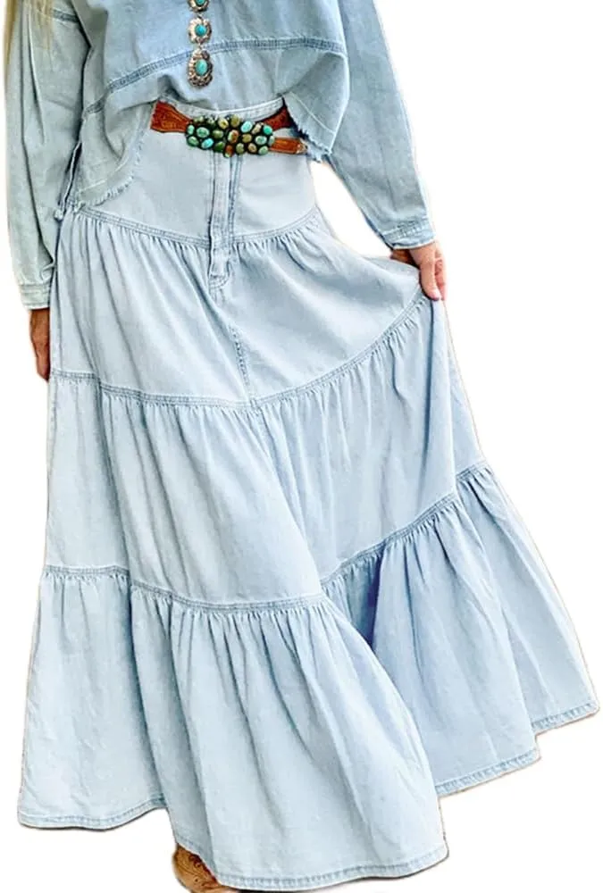 Mxiqqpltky Womens Maxi Denim Tiered Skirt Casual High Waisted Ruffle A Line Swing Jean Skirt Y2K Loose Pleated Flare Skirts