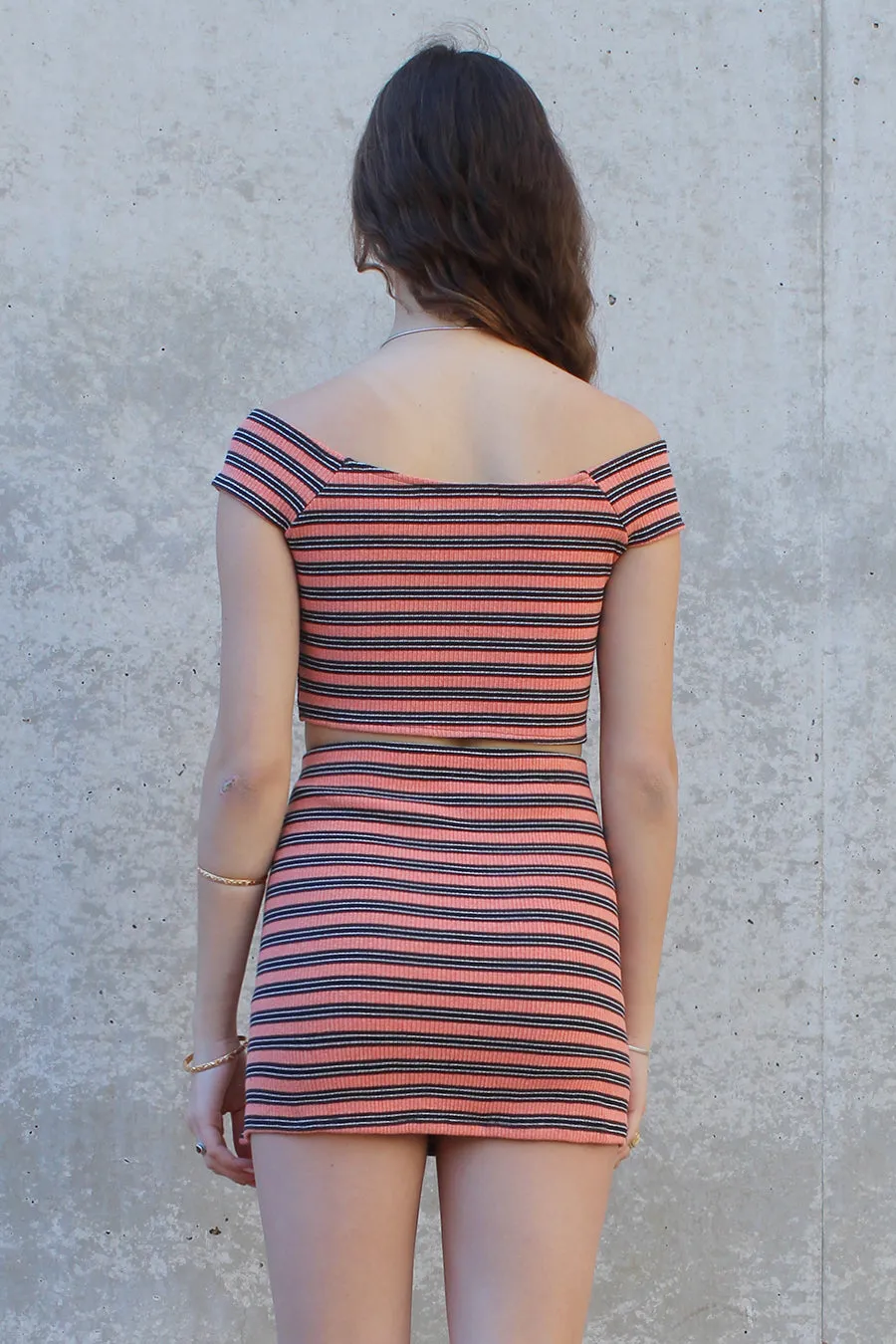 Off Shoulder Crop Top - Stretchy Orange Stripe