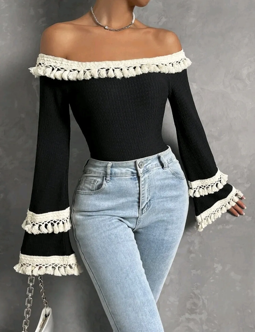 Off Shoulder Fringe Trim Flounce Sleeve Top