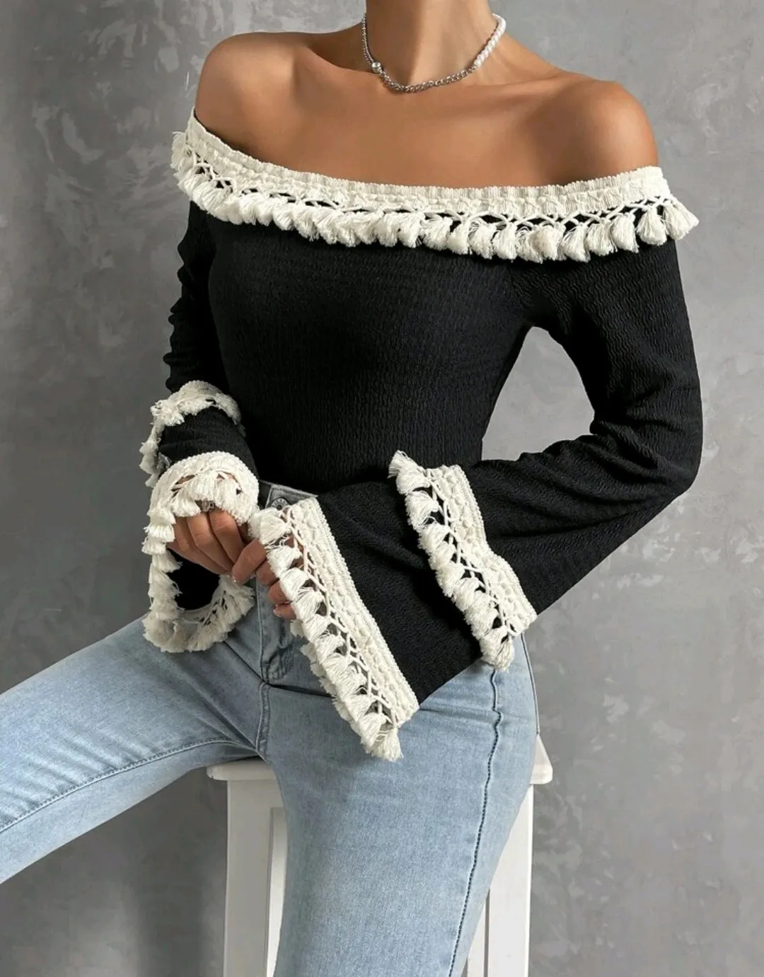 Off Shoulder Fringe Trim Flounce Sleeve Top