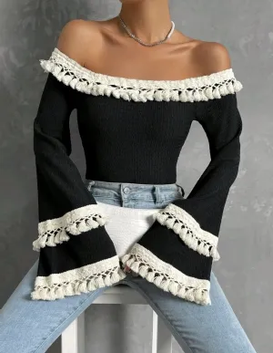 Off Shoulder Fringe Trim Flounce Sleeve Top