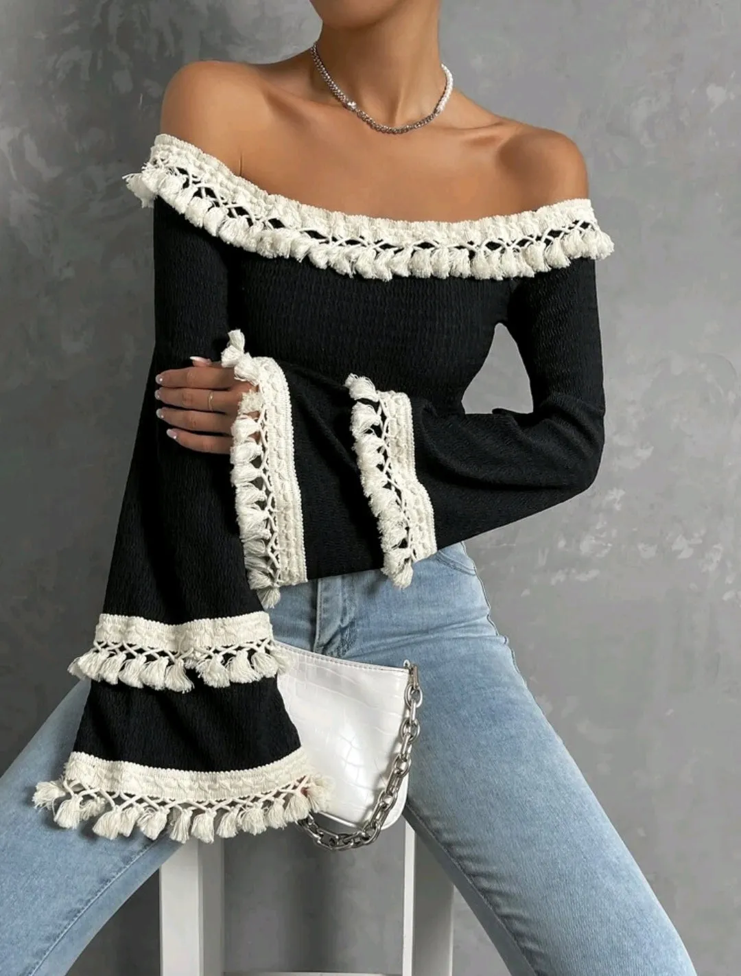 Off Shoulder Fringe Trim Flounce Sleeve Top