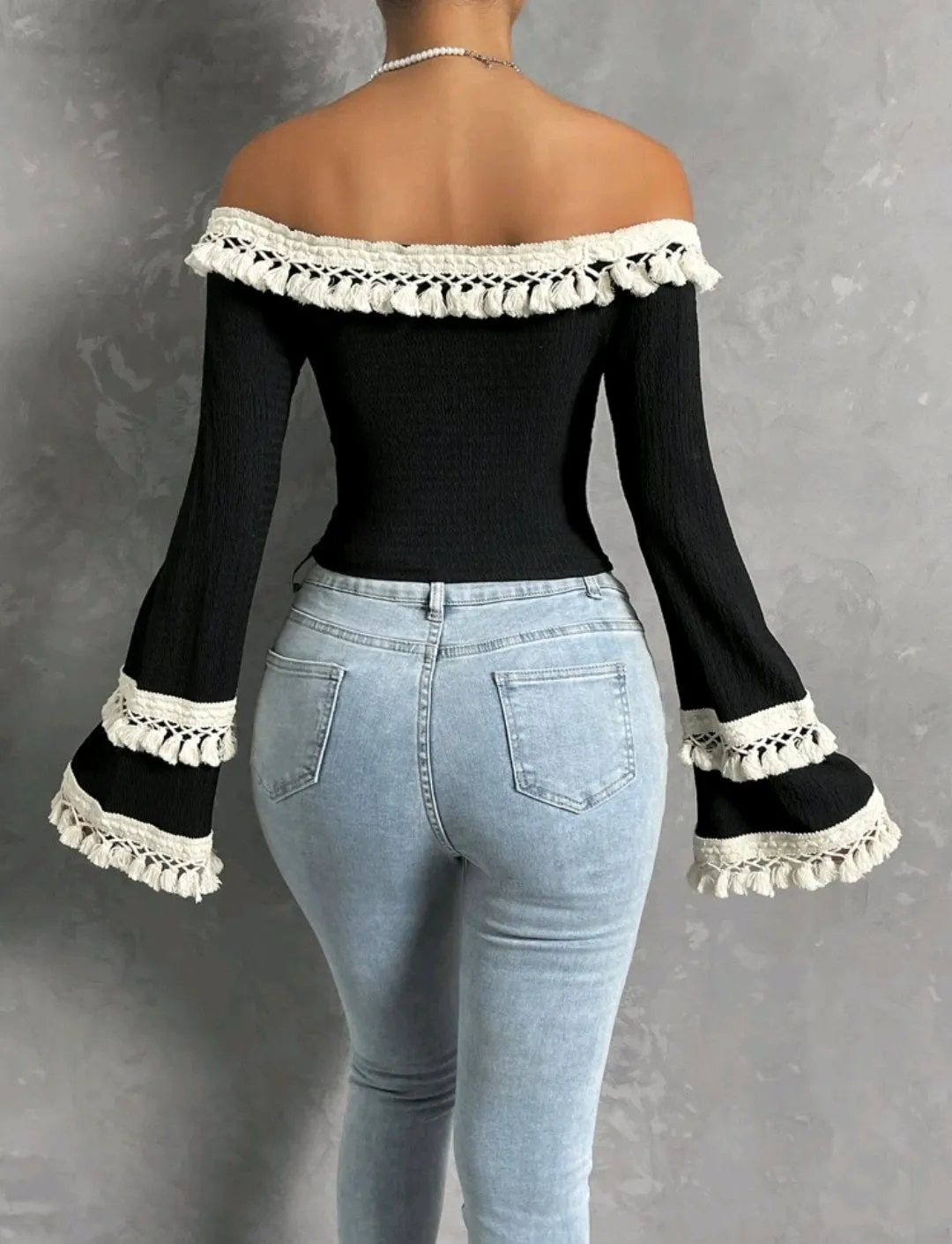 Off Shoulder Fringe Trim Flounce Sleeve Top