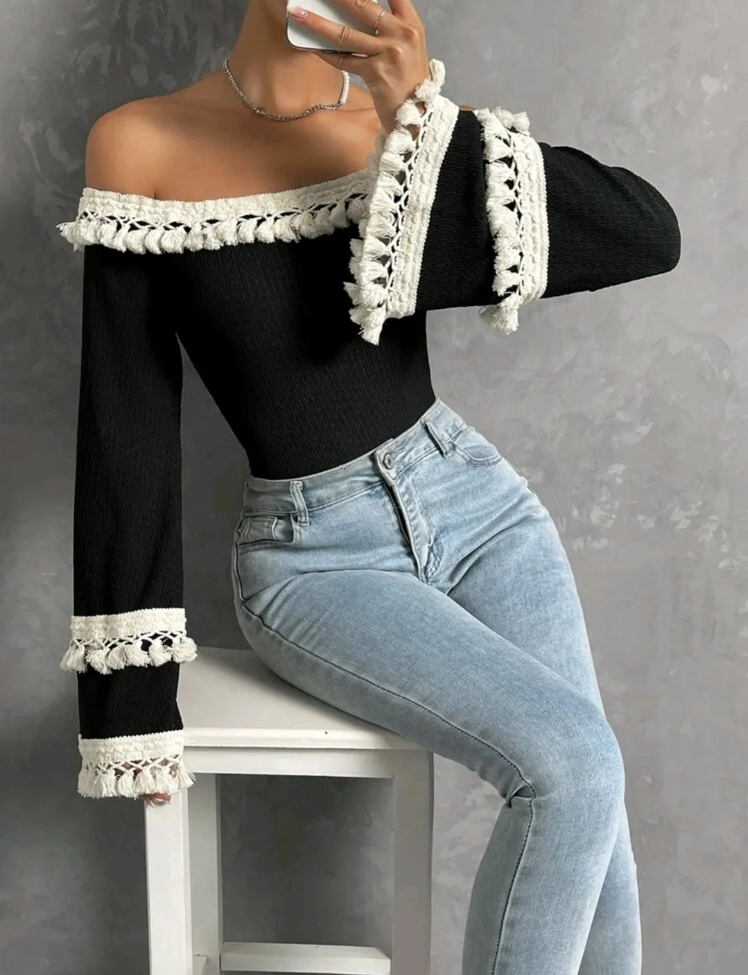 Off Shoulder Fringe Trim Flounce Sleeve Top