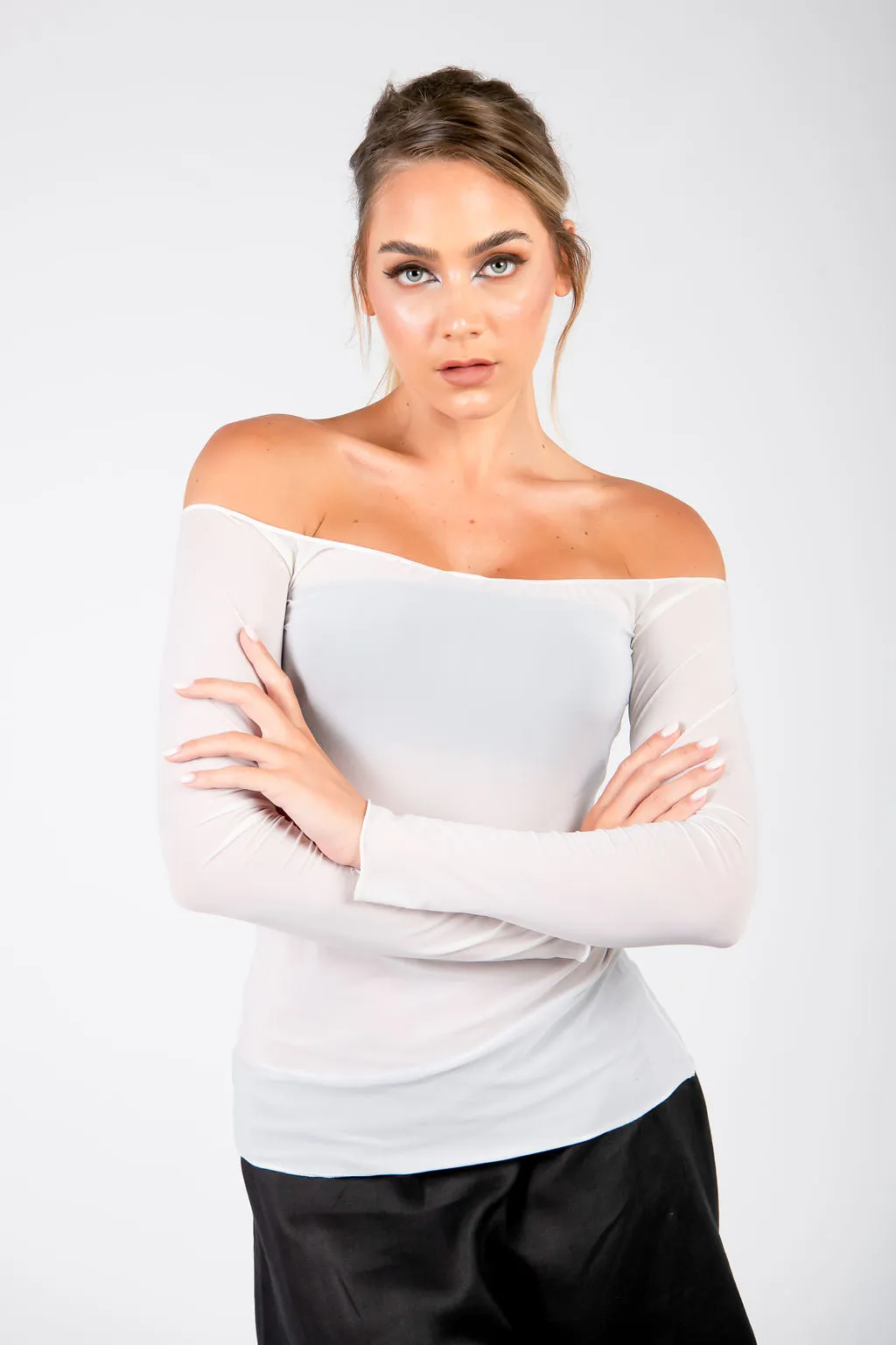 Off Shoulder Long Sleeve Top- Sheer