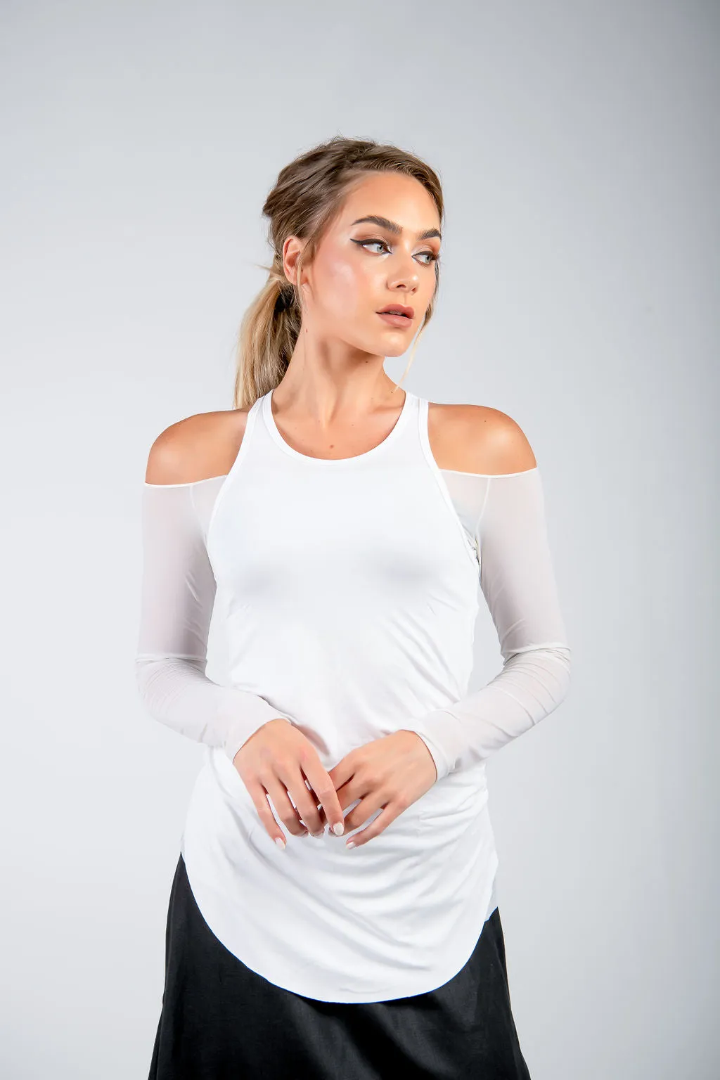 Off Shoulder Long Sleeve Top- Sheer