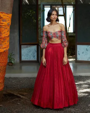 Red Off Shoulder Lehenga Set