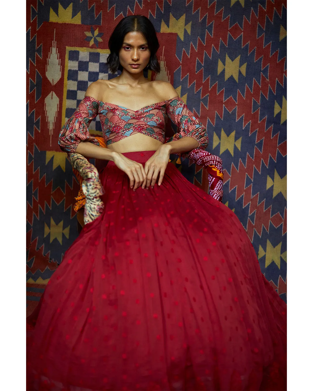 Red Off Shoulder Lehenga Set