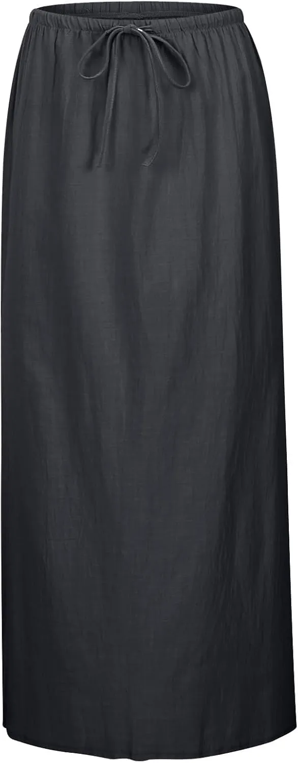 Summer Linen Maxi Skirts for Women Boho Beach Vacation Drawstring Low Waist A Line Skirt Flowy Long Cover Ups