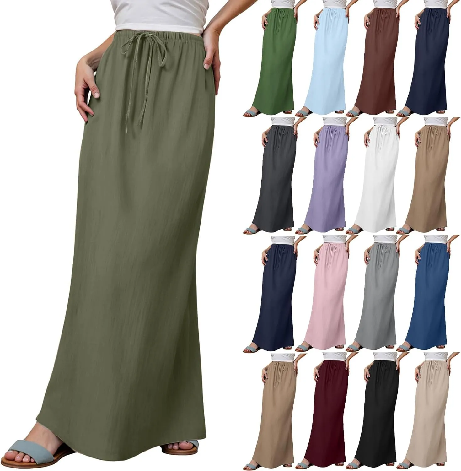 Summer Linen Maxi Skirts for Women Boho Beach Vacation Drawstring Low Waist A Line Skirt Flowy Long Cover Ups