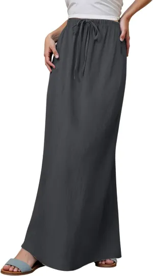 Summer Linen Maxi Skirts for Women Boho Beach Vacation Drawstring Low Waist A Line Skirt Flowy Long Cover Ups