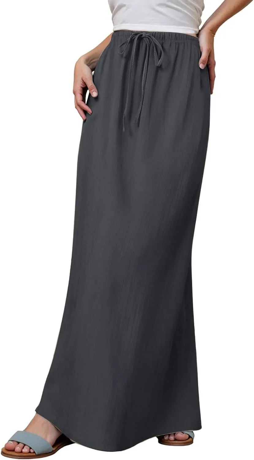 Summer Linen Maxi Skirts for Women Boho Beach Vacation Drawstring Low Waist A Line Skirt Flowy Long Cover Ups
