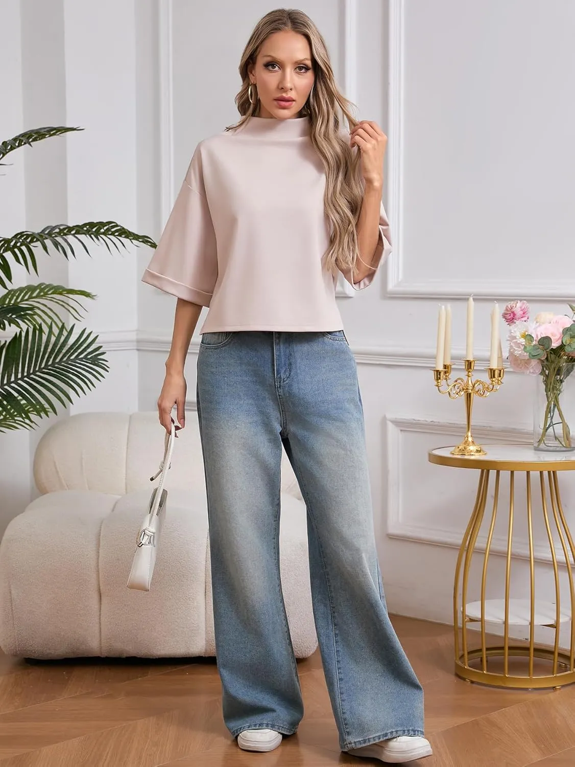 SweatyRocks Women's 3/4 Sleeve Mock Neck Basic Loose T-Shirt Elegant Top