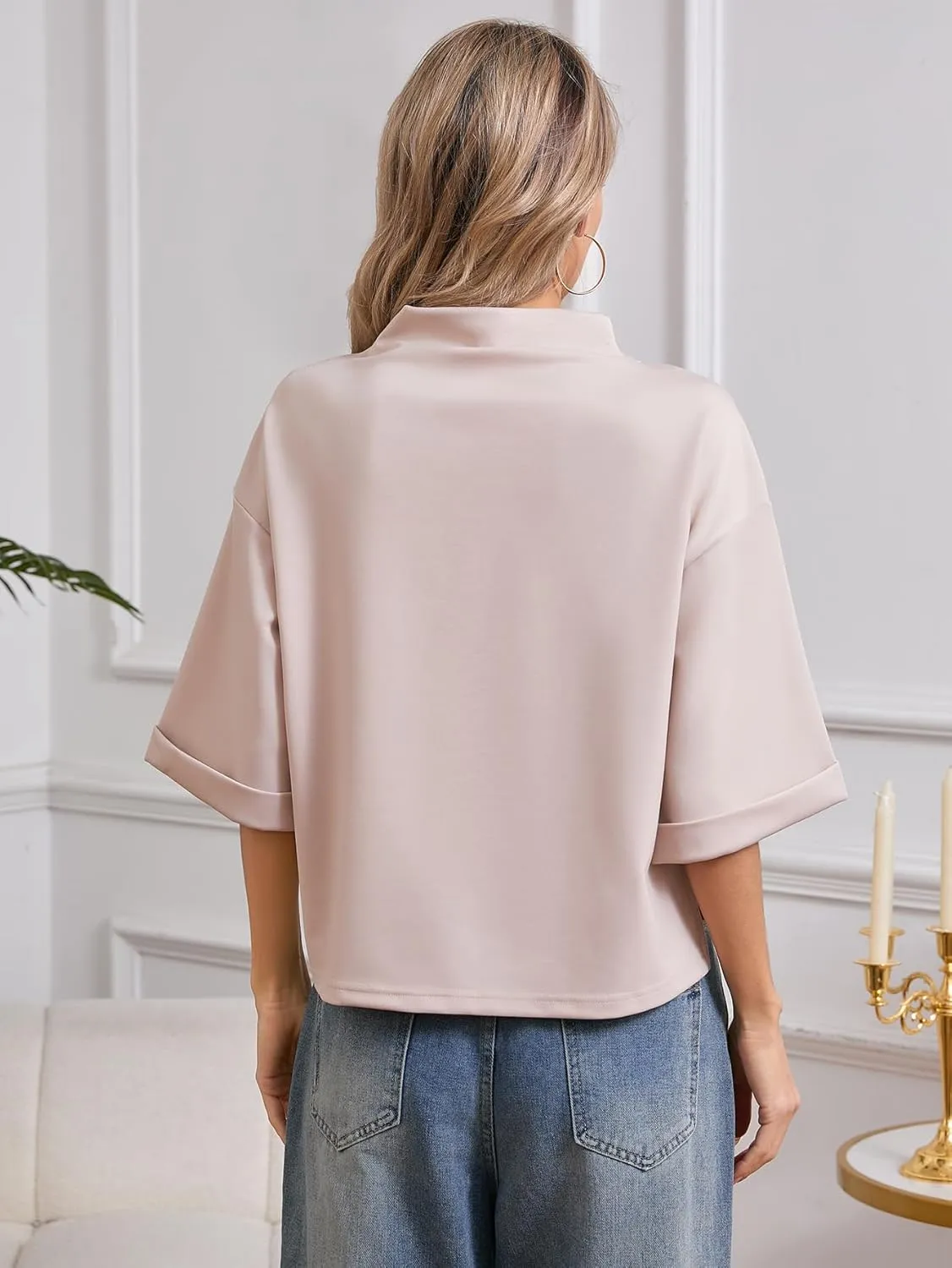 SweatyRocks Women's 3/4 Sleeve Mock Neck Basic Loose T-Shirt Elegant Top