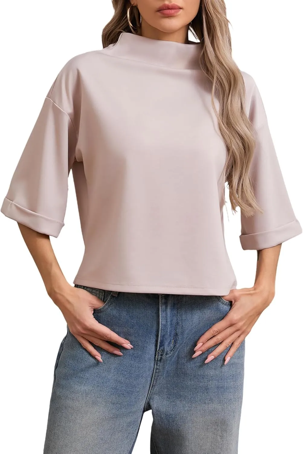 SweatyRocks Women's 3/4 Sleeve Mock Neck Basic Loose T-Shirt Elegant Top