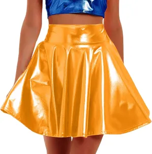 Womens Mini Skirt Trendy Dressy Pleated Swing Flowy Flared Metallic Skater Skirt Club Party Outfits Fashion Clothes