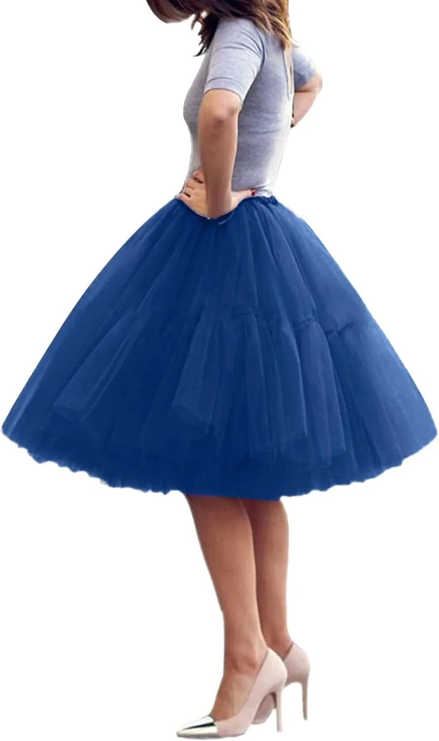 Womens Tulle Skirts Midi Elastic 50s Layered Mesh High Waist Pleated Flowy A-Line Party Long Tutu Skirts