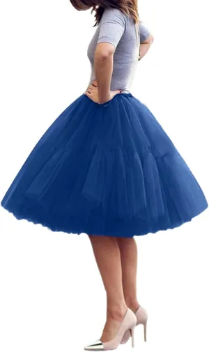 Womens Tulle Skirts Midi Elastic 50s Layered Mesh High Waist Pleated Flowy A-Line Party Long Tutu Skirts